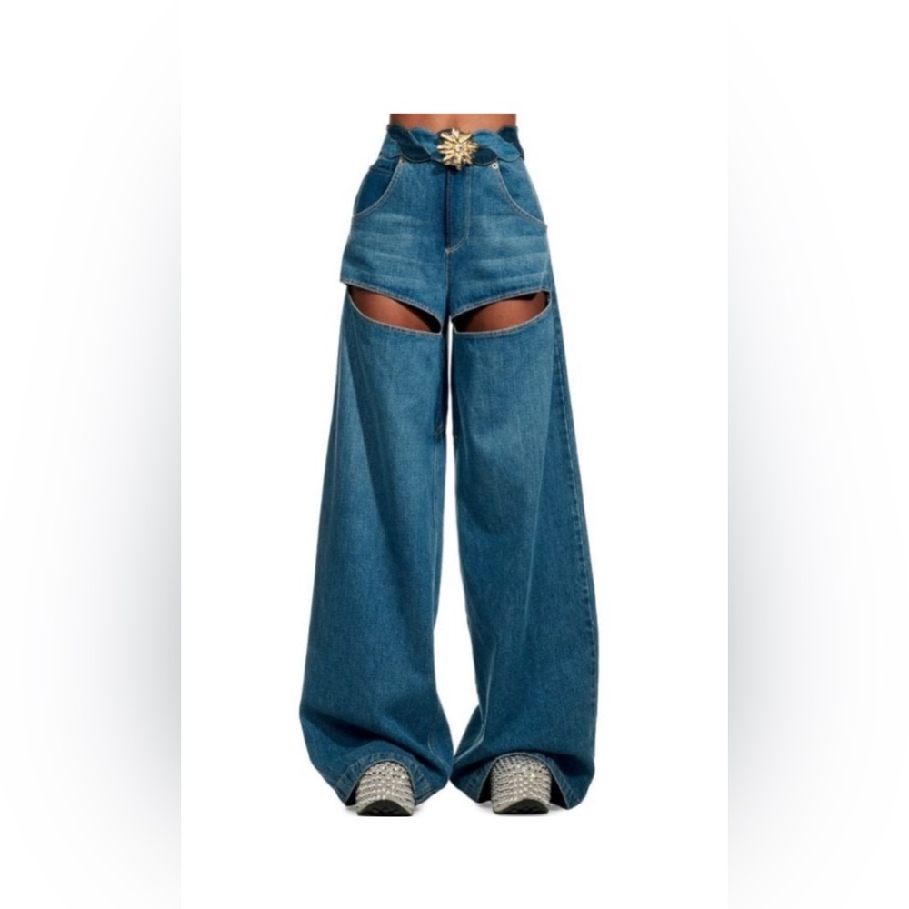 AREA Wide-Leg Slit Jeans Gold Floral Buckle-Size 27
